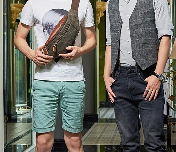Canvas Leather Mens Fanny Pack Canvas Waist Bag Small Canvas Chest Bag for Men