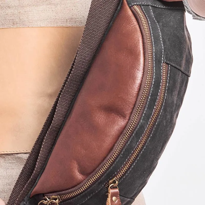 Canvas Leather Mens Fanny Pack Canvas Waist Bag Small Canvas Chest Bag for Men