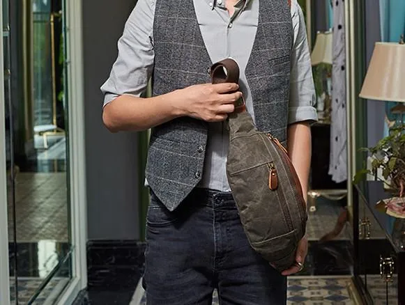 Canvas Leather Mens Fanny Pack Canvas Waist Bag Small Canvas Chest Bag for Men