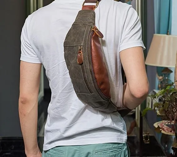 Canvas Leather Mens Fanny Pack Canvas Waist Bag Small Canvas Chest Bag for Men