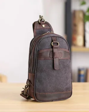 Canvas Leather Mens Sling Bag Green Chest Bag One Shoulder Backpack for Men