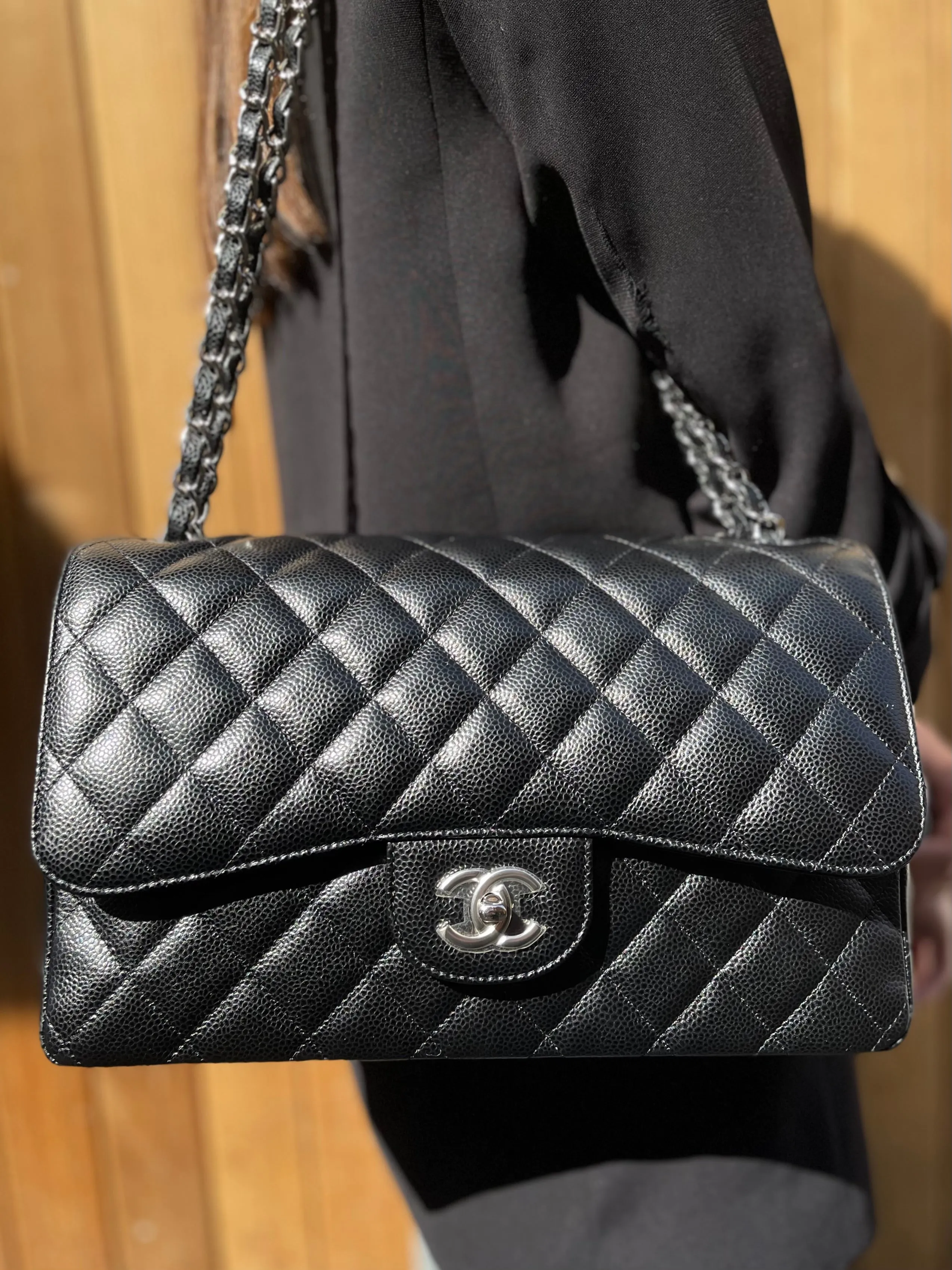 Chanel Black Caviar Leather Jumbo Double Flap