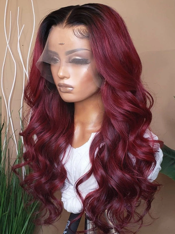 Chinalacewig Burgundy Ombre Color Virgin Hair 360 HD Lace Frontal Wig Wavy NCF112