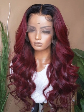 Chinalacewig Burgundy Ombre Color Virgin Hair 360 HD Lace Frontal Wig Wavy NCF112