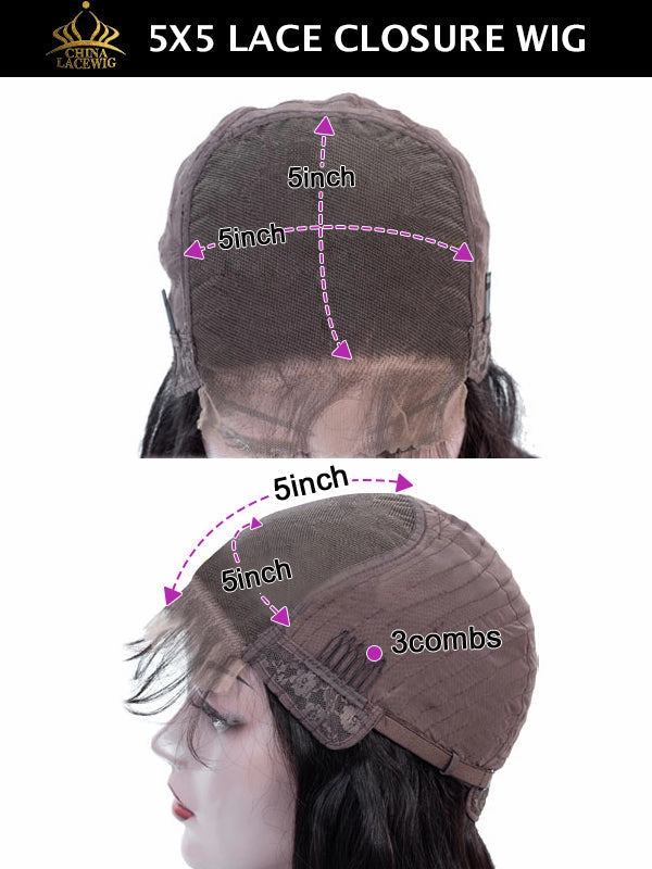 Chinalacewig Men Wig Human Hair 5x5 HD  Glueless Lace Wig With Bangs Natural Color / #2 Brown Color / Burgundy 99j Color Single Knots Pre Plucked HG01