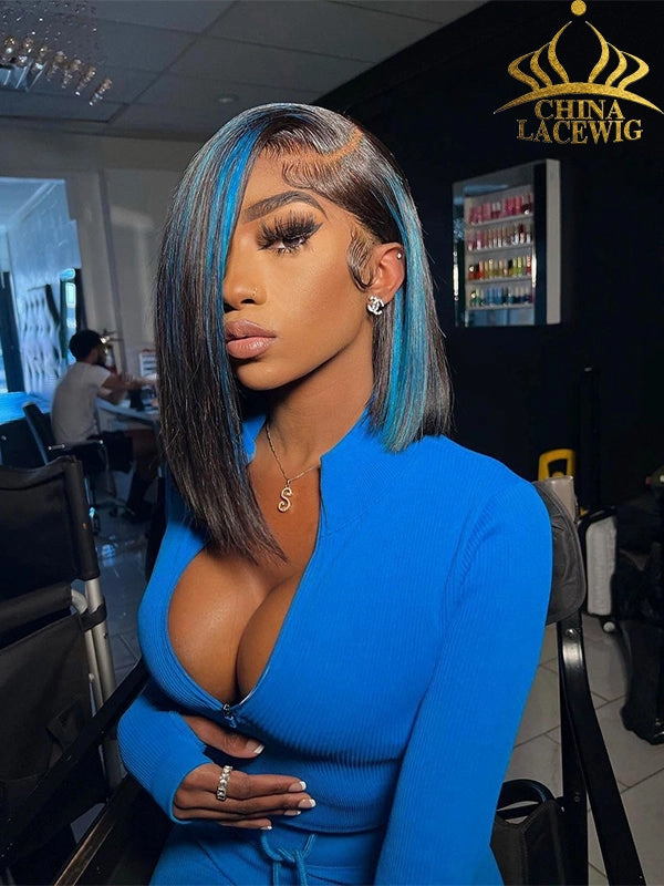 Chinalacewig Preplucked Human Hair Highlight BOB Blue 13x4 Undetecable HD Lace Front Wigs NCF092