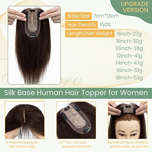 Clip in Hair Topper Human Hair with Silk Base Hairpiece