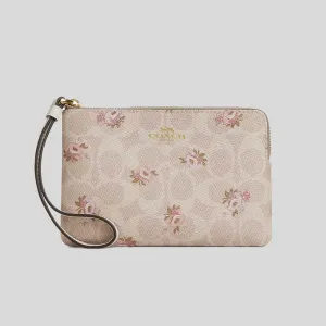 COACH Corner Zip Wristlet In Signature Canvas With Floral Print Sand Multi CAR20