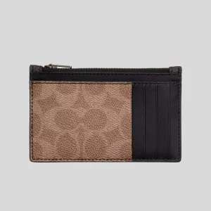 COACH Zip Card Case In Blocked Signature Canvas Walnut/Tan CAB81