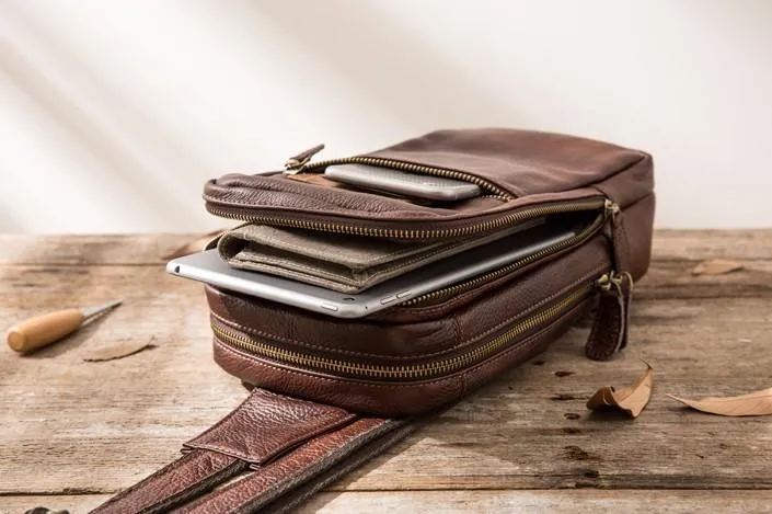 Coffee Leather Mens Sling Bag Sling Shoulder Bag Sling Chest Bag for men