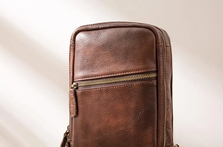 Coffee Leather Mens Sling Bag Sling Shoulder Bag Sling Chest Bag for men