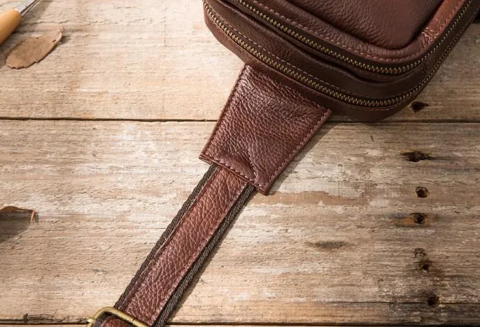 Coffee Leather Mens Sling Bag Sling Shoulder Bag Sling Chest Bag for men