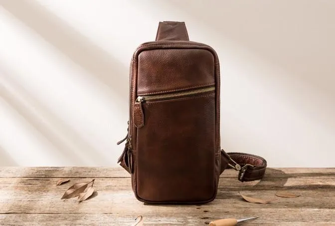 Coffee Leather Mens Sling Bag Sling Shoulder Bag Sling Chest Bag for men