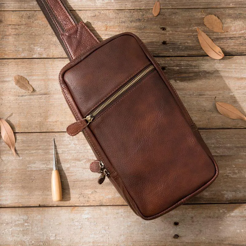 Coffee Leather Mens Sling Bag Sling Shoulder Bag Sling Chest Bag for men