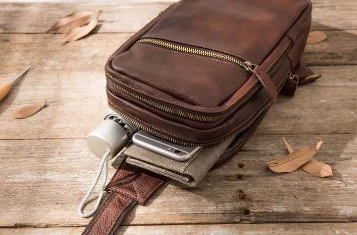 Coffee Leather Mens Sling Bag Sling Shoulder Bag Sling Chest Bag for men