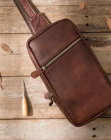 Coffee Leather Mens Sling Bag Sling Shoulder Bag Sling Chest Bag for men