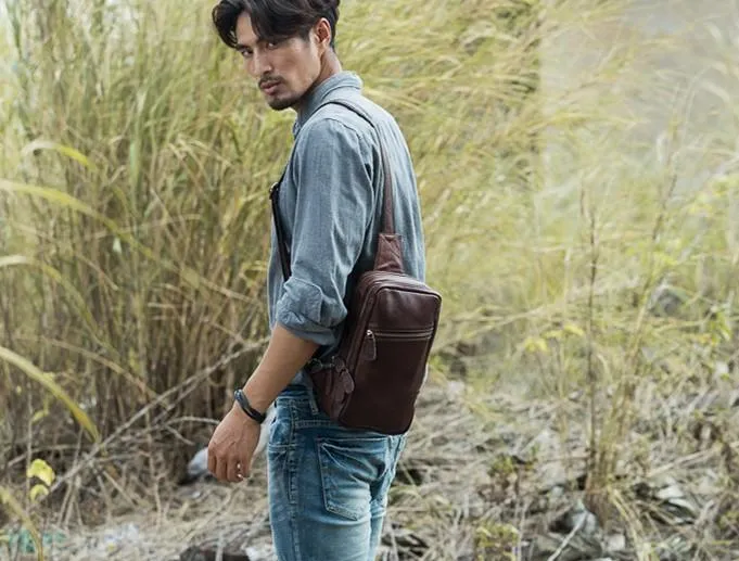 Coffee Leather Mens Sling Bag Sling Shoulder Bag Sling Chest Bag for men