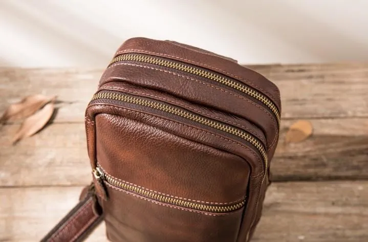 Coffee Leather Mens Sling Bag Sling Shoulder Bag Sling Chest Bag for men