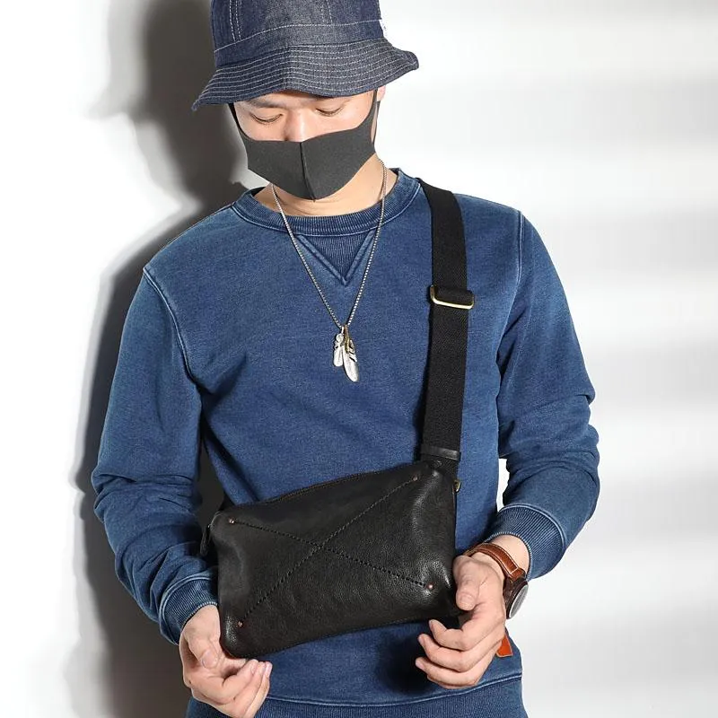 Cool Black LEATHER MEN'S 8 INCHES Small Side BAGs Sling MESSENGER BAG Chest BAG FOR MEN