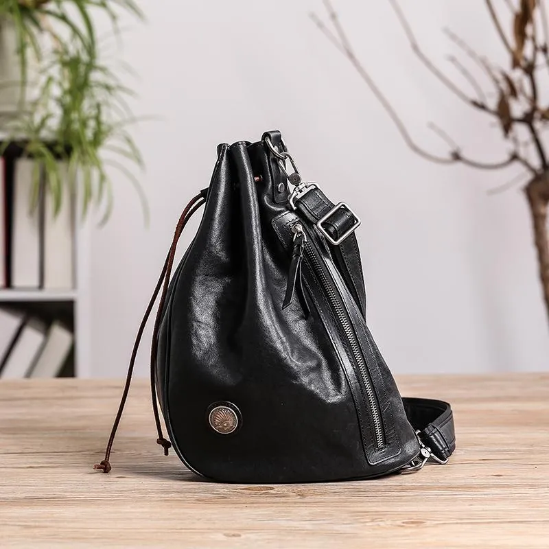 Cool Black Leather Men's Sling Pack Chest Bag One shoulder Backpack Crossbody Pack For Men