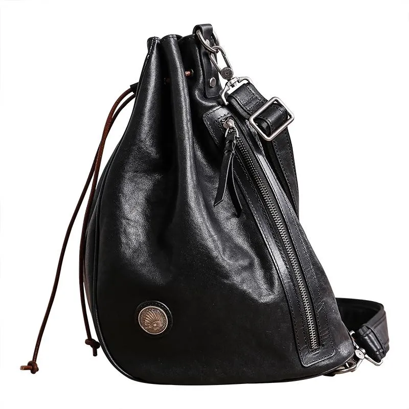 Cool Black Leather Men's Sling Pack Chest Bag One shoulder Backpack Crossbody Pack For Men