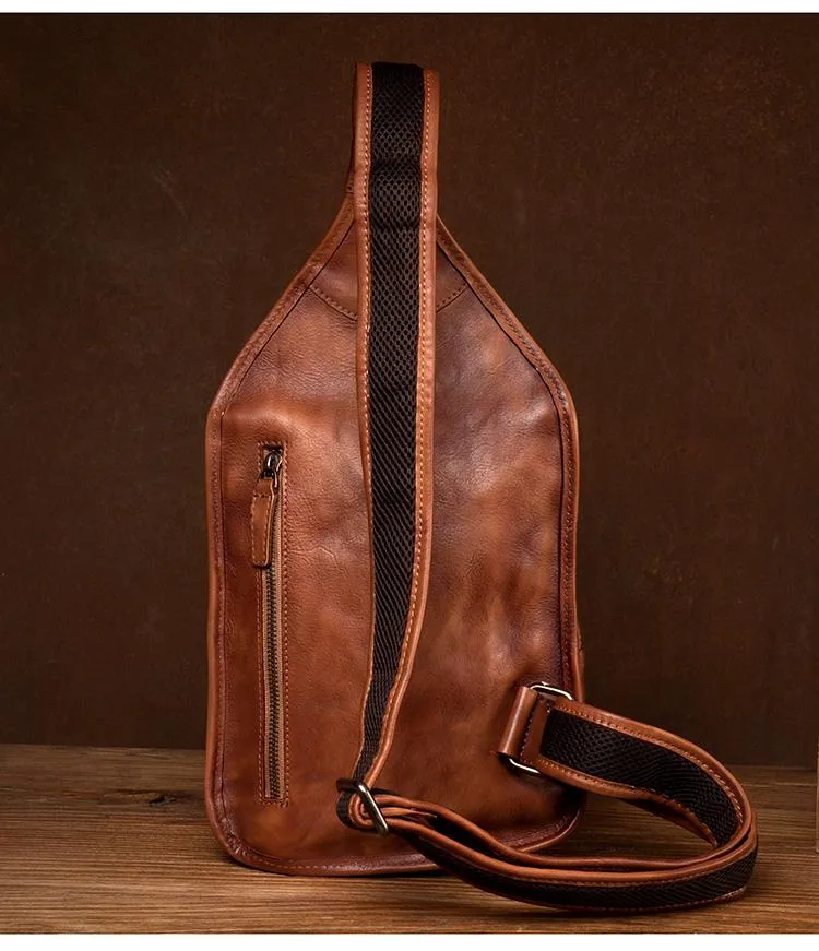 Cool Brown Leather Mens 8 inches Sling Bag Sling Pack Crossbody Pack Chest Bag for men