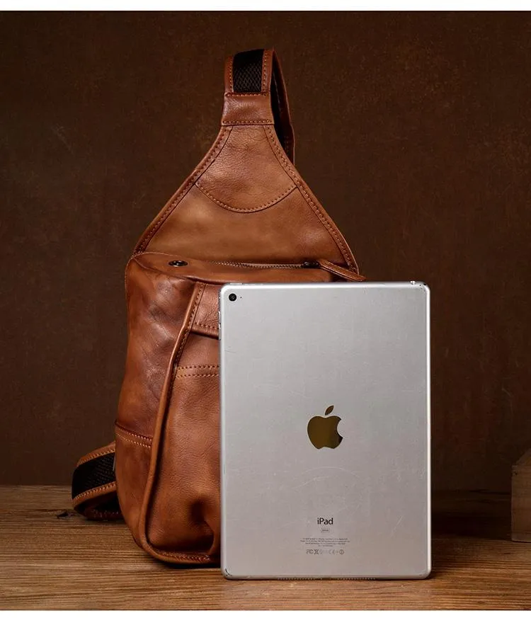 Cool Brown Leather Mens 8 inches Sling Bag Sling Pack Crossbody Pack Chest Bag for men