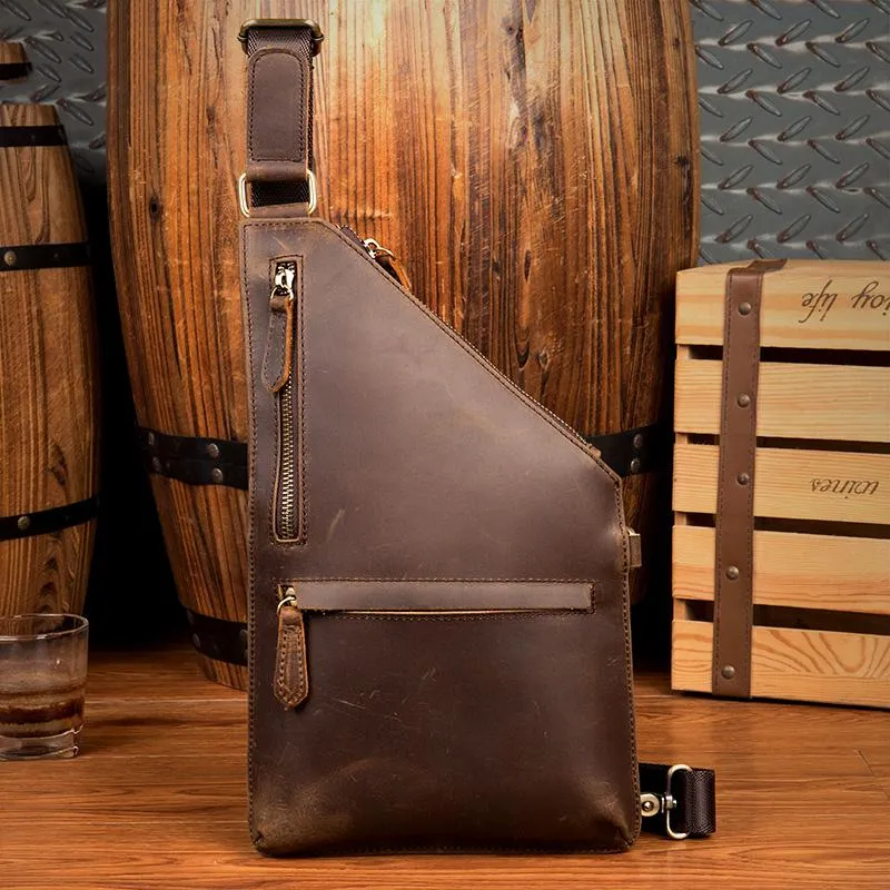 Cool Brown Leather Mens Sling Bag Crossbody Pack Messenger Bag Chest Bag for men