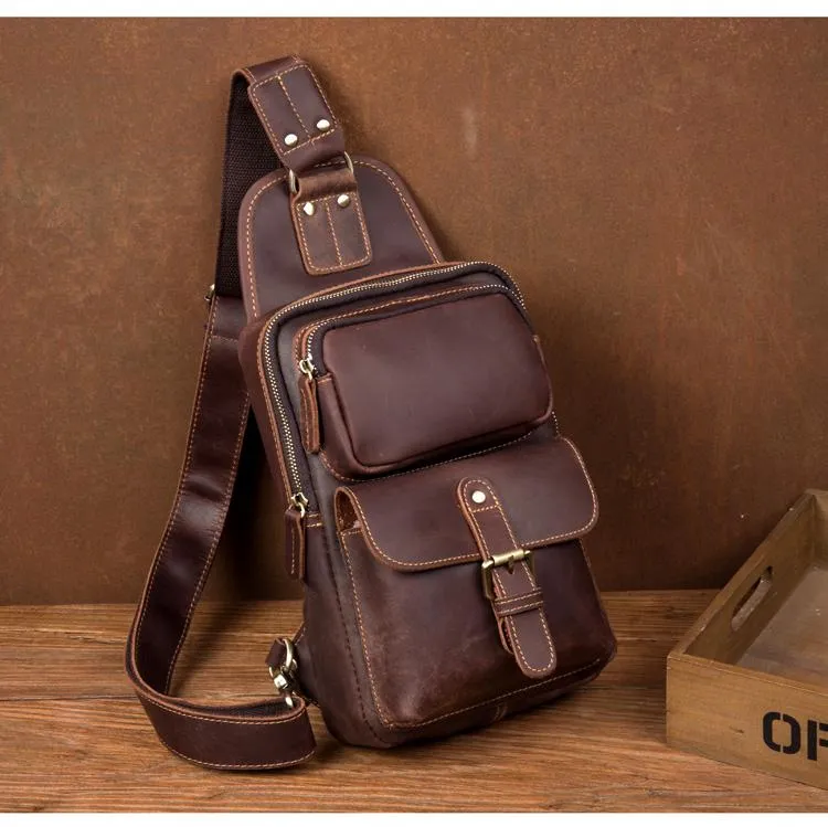 Cool Brown Leather Mens Sling Pack Sling Bag Crossbody Pack One Shoulder Pack Chest Bag for men