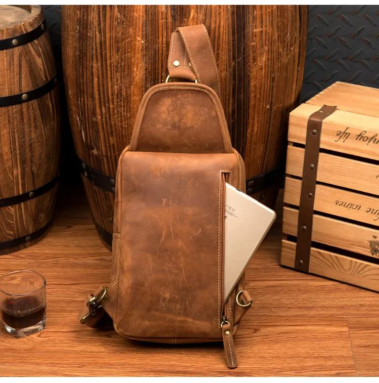 Cool Brown Leather Mens Sling Pack Sling Bag Crossbody Pack One Shoulder Pack Chest Bag for men