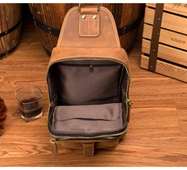 Cool Brown Leather Mens Sling Pack Sling Bag Crossbody Pack One Shoulder Pack Chest Bag for men