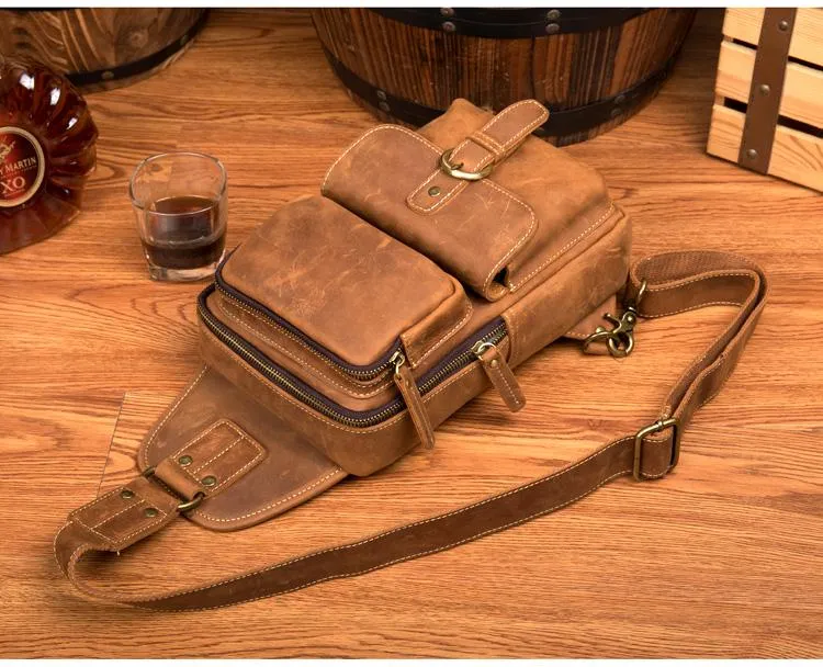 Cool Brown Leather Mens Sling Pack Sling Bag Crossbody Pack One Shoulder Pack Chest Bag for men
