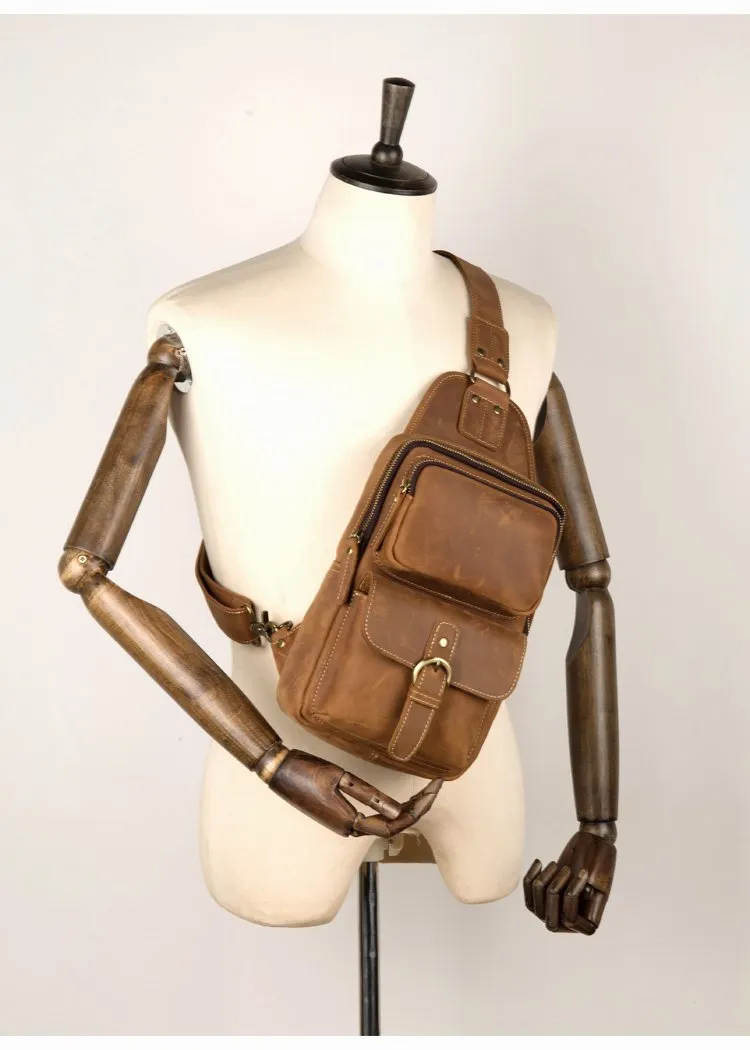 Cool Brown Leather Mens Sling Pack Sling Bag Crossbody Pack One Shoulder Pack Chest Bag for men