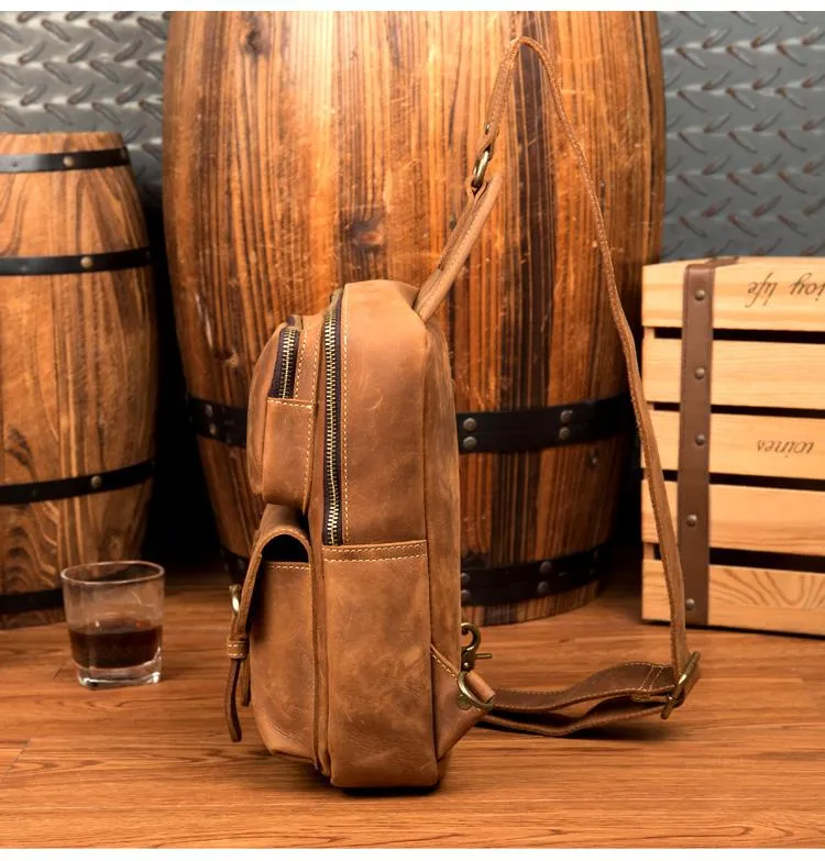 Cool Brown Leather Mens Sling Pack Sling Bag Crossbody Pack One Shoulder Pack Chest Bag for men