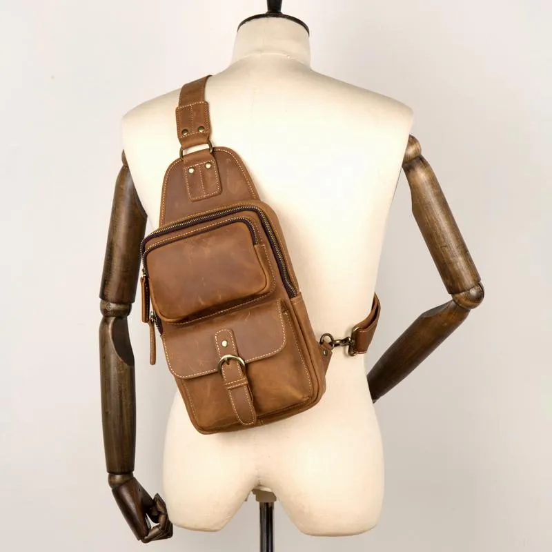 Cool Brown Leather Mens Sling Pack Sling Bag Crossbody Pack One Shoulder Pack Chest Bag for men