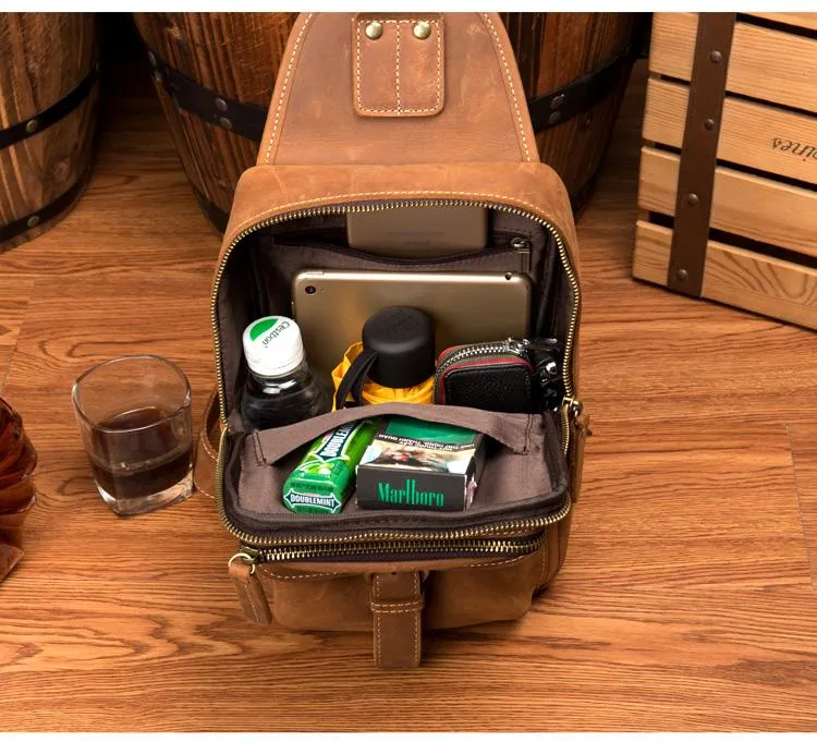 Cool Brown Leather Mens Sling Pack Sling Bag Crossbody Pack One Shoulder Pack Chest Bag for men