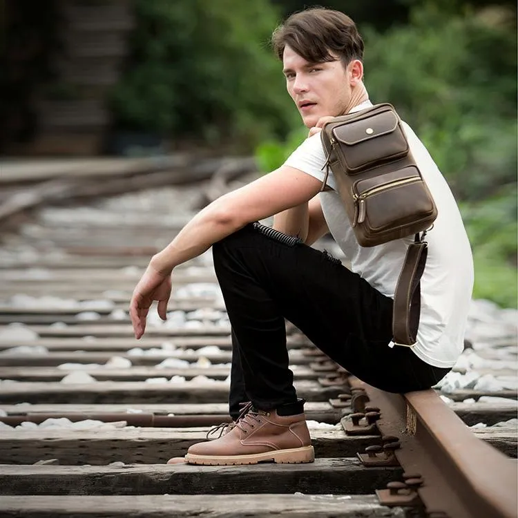 Cool Brown Leather Mens Sling Pack Sling Bags Coffee Crossbody Pack Chest Bag for men