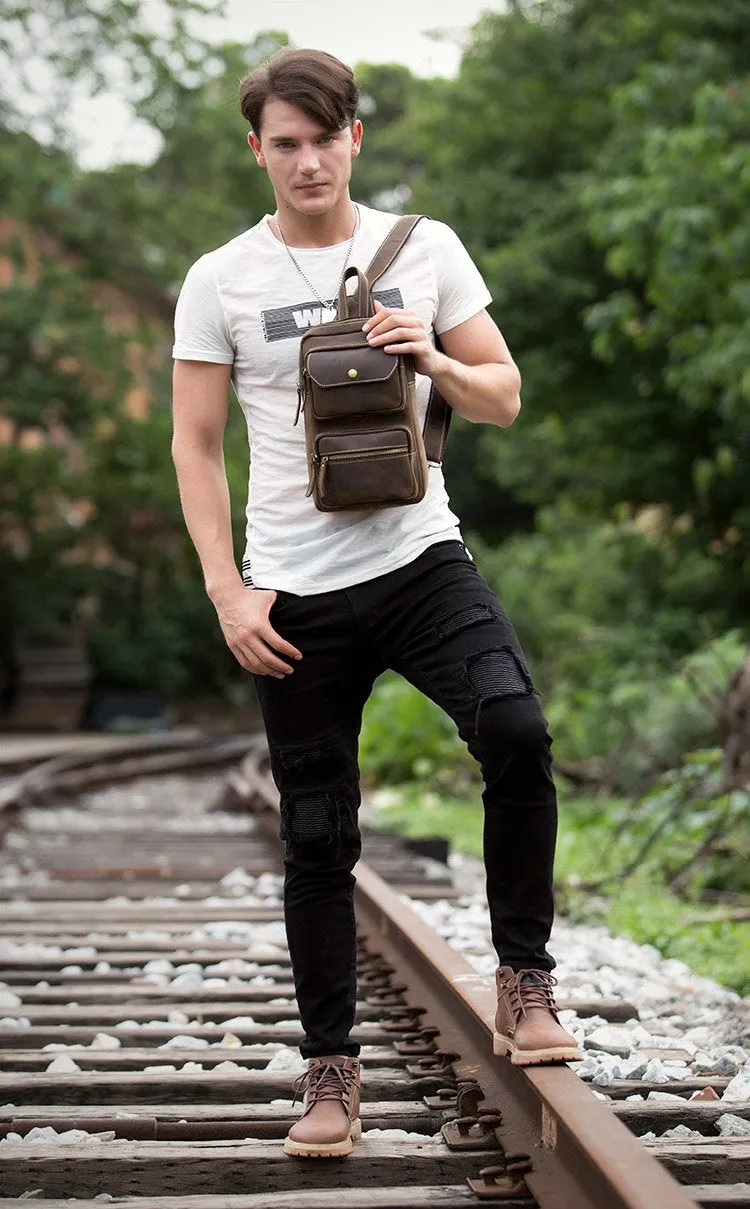 Cool Brown Leather Mens Sling Pack Sling Bags Coffee Crossbody Pack Chest Bag for men