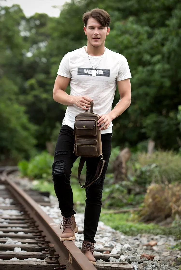 Cool Brown Leather Mens Sling Pack Sling Bags Coffee Crossbody Pack Chest Bag for men