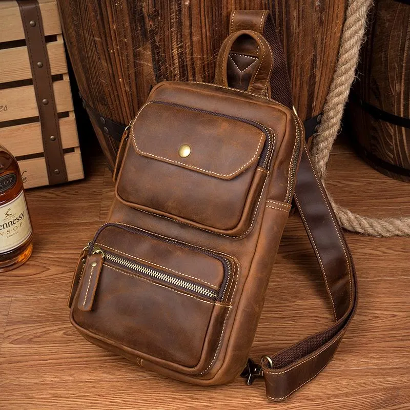 Cool Brown Leather Mens Sling Pack Sling Bags Coffee Crossbody Pack Chest Bag for men