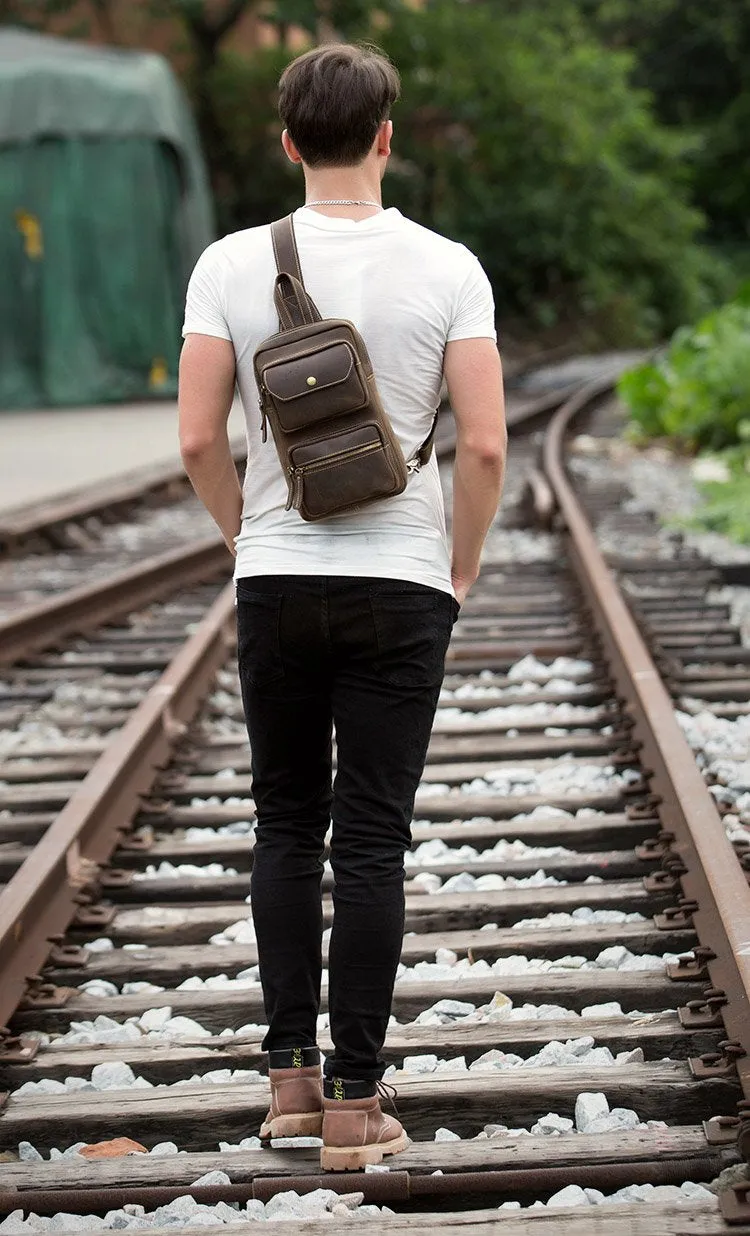 Cool Brown Leather Mens Sling Pack Sling Bags Coffee Crossbody Pack Chest Bag for men