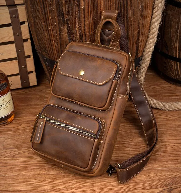 Cool Brown Leather Mens Sling Pack Sling Bags Coffee Crossbody Pack Chest Bag for men