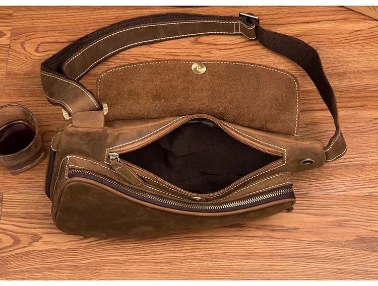 Cool Brown Leather Mens Sling Pack Sling Bags Crossbody Pack Chest Bag for men