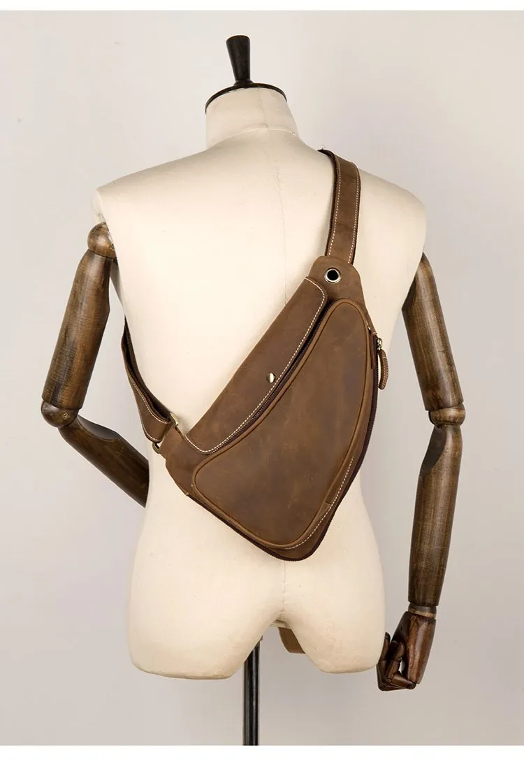 Cool Brown Leather Mens Sling Pack Sling Bags Crossbody Pack Chest Bag for men