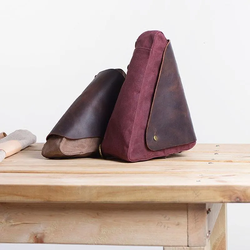 Cool Canvas Leather Triangular Mens Sling Bag Chest Bag One Shoulder Pack for men