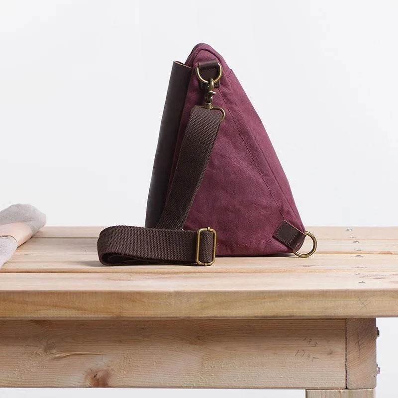 Cool Canvas Leather Triangular Mens Sling Bag Chest Bag One Shoulder Pack for men