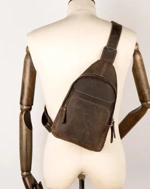 Cool Dark Brown Leather Mens Sling Bags Crossbody Pack One Shoulder Backpack Chest Bag for men