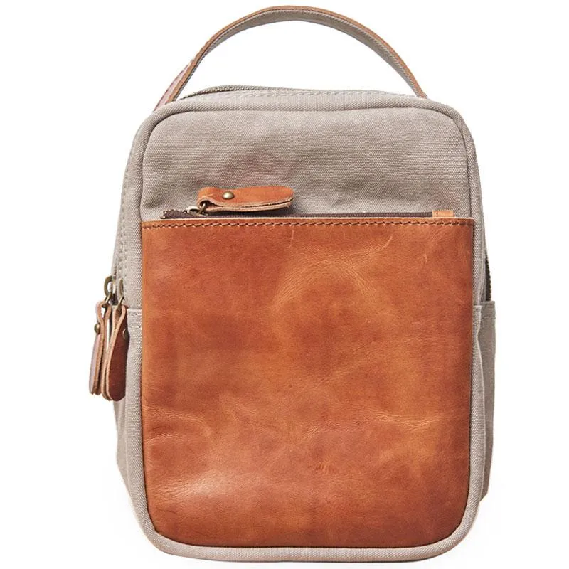 Cool Gray Canvas Leather Mens Sling Bag Chest Bag One Shoulder Pack for men
