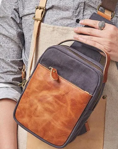 Cool Gray Canvas Leather Mens Sling Bag Chest Bag One Shoulder Pack for men