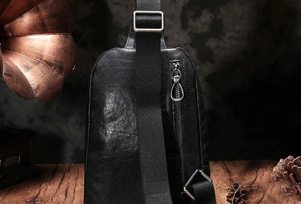 Cool Leather Mens Black Chest Bag Sling Bag Vintage Leather Sling Bags for Men